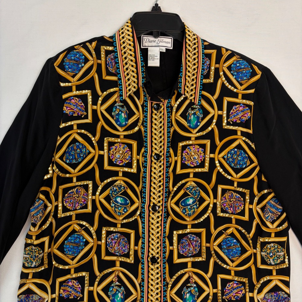 Diane Gilman Silk Sequin Button Down Shirt Black Gold Jewel Print Womens Large - Picture 8 of 8